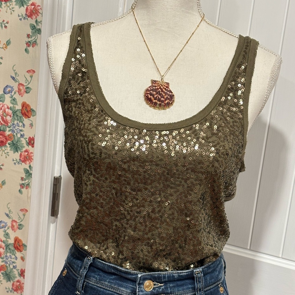 🍀J. Crew Olive Sequin Tank Top Med💚